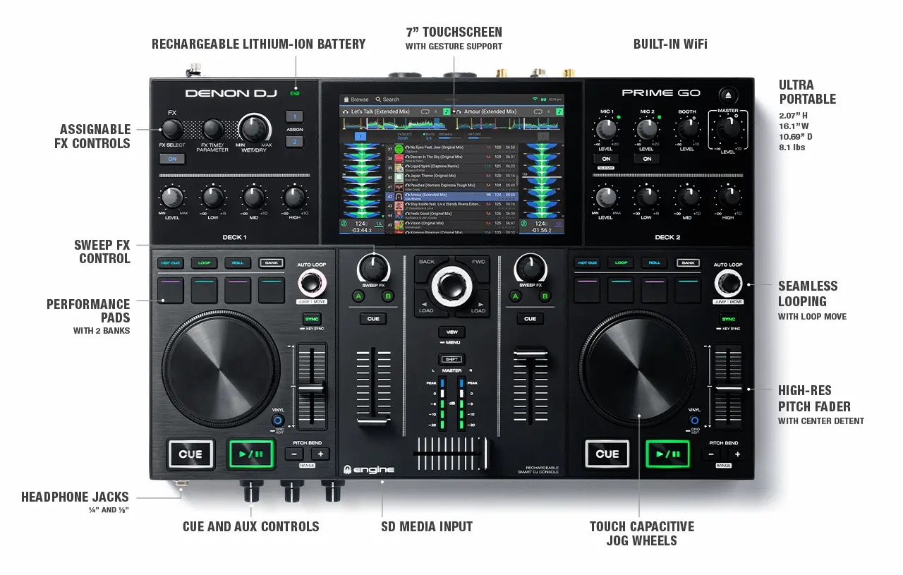 Denon DJ Prime Go - Bàn DJ di động có pin